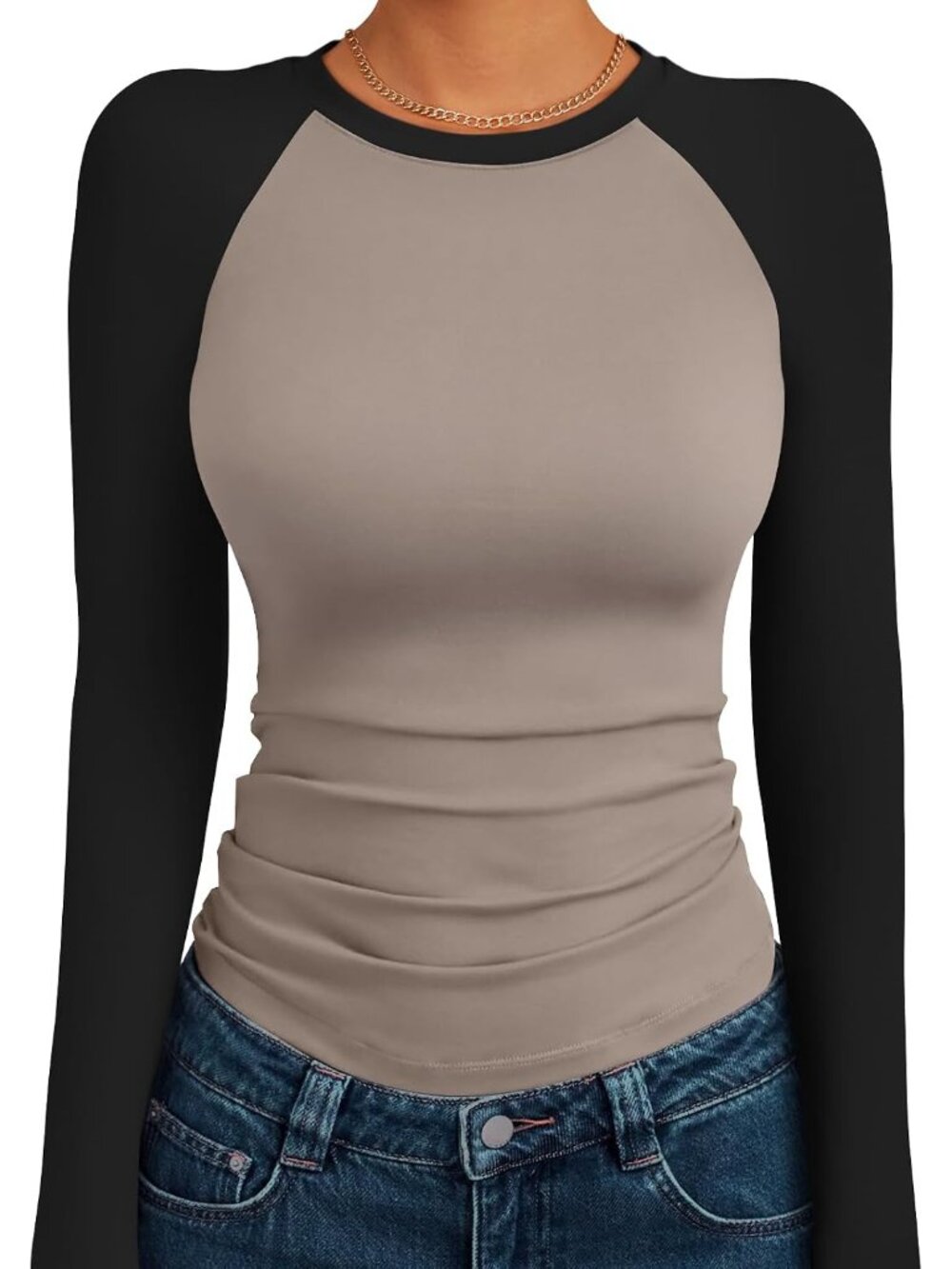 Trendy Women's Cropped Long Sleeve Color Block Raglan T-Shirt in Mocha Black